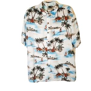 BATEK BAY | Men's white with tropical island print Hawaiian-style shirt. Size XL